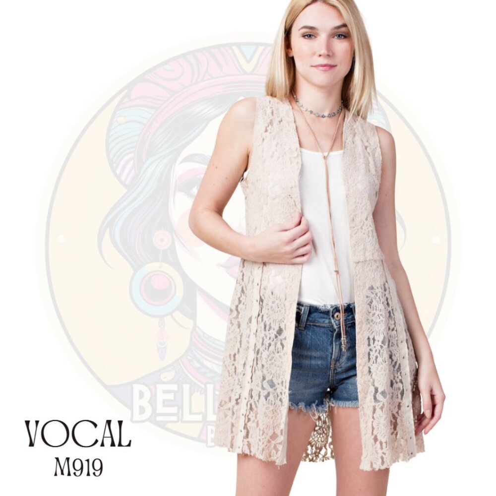 M919 VOCAL Cream Lace Open Front Rhinestone Longline Vest